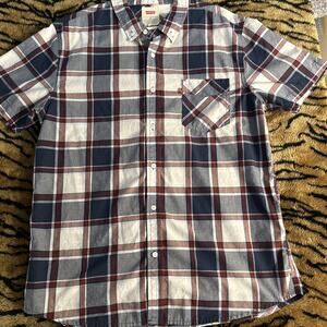 Levi's Shirt Mens XL Blue Red Plaid Short Sleeve Button Front Pocket Casual
